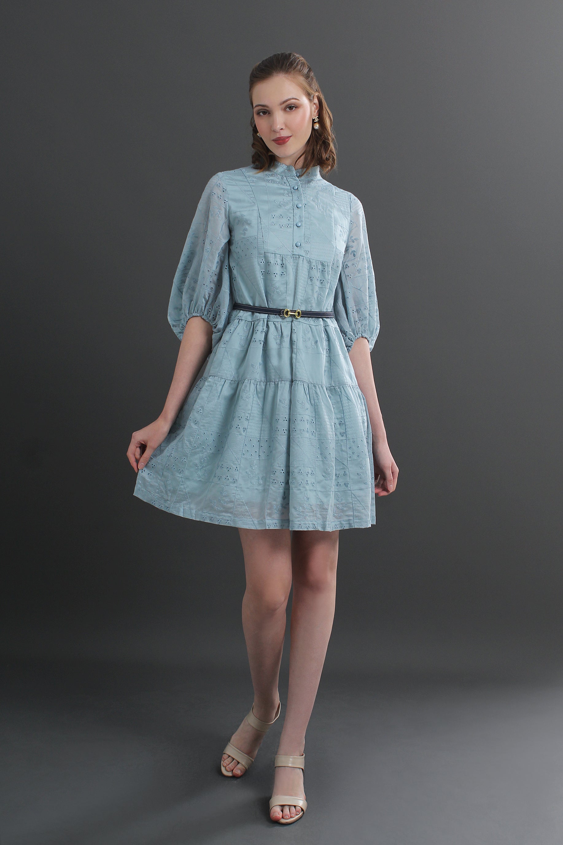 Daisy Eyelet Puff Sleeves Mini Dress