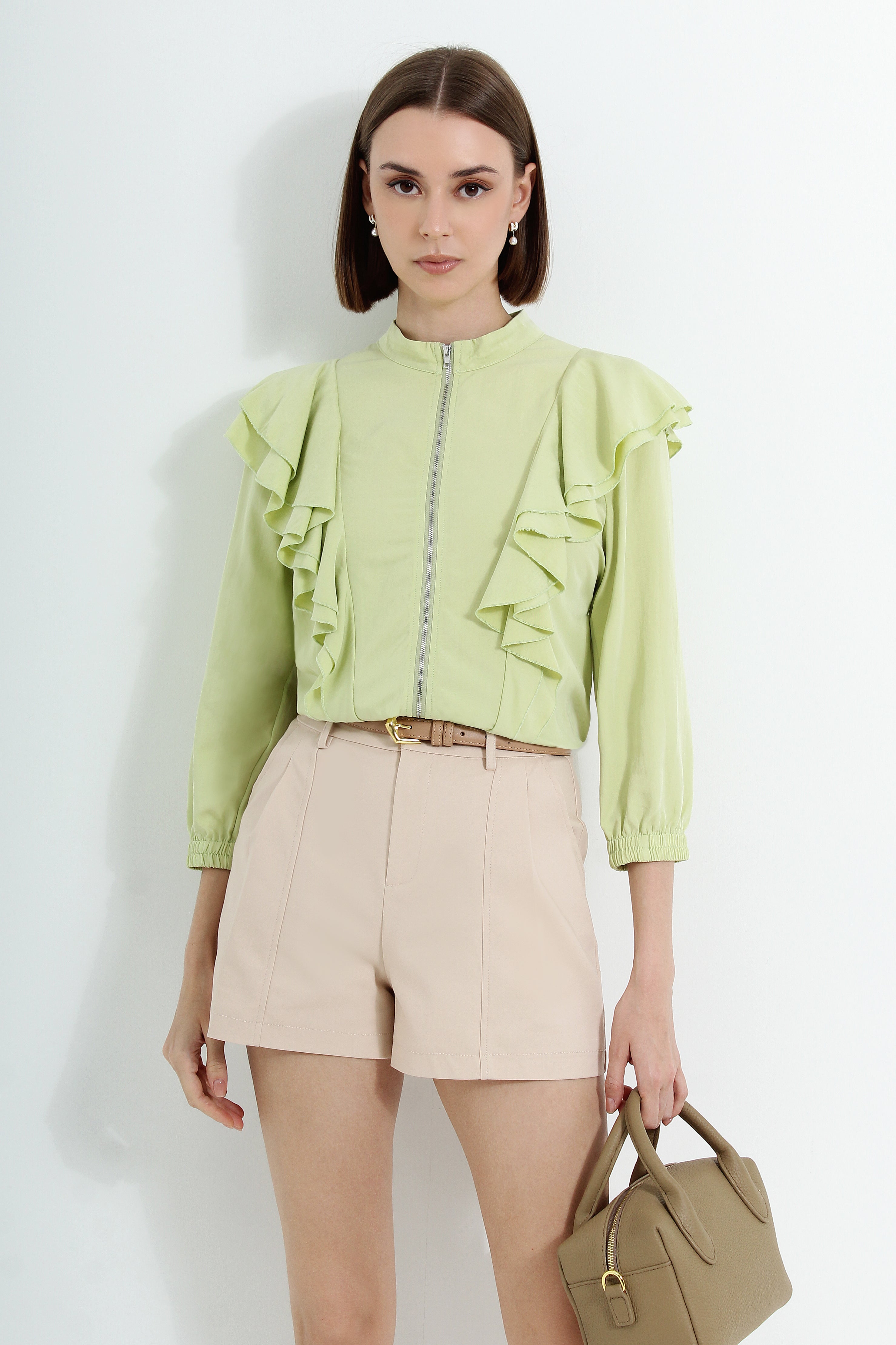 Ruffled Zipper Sleeve Top