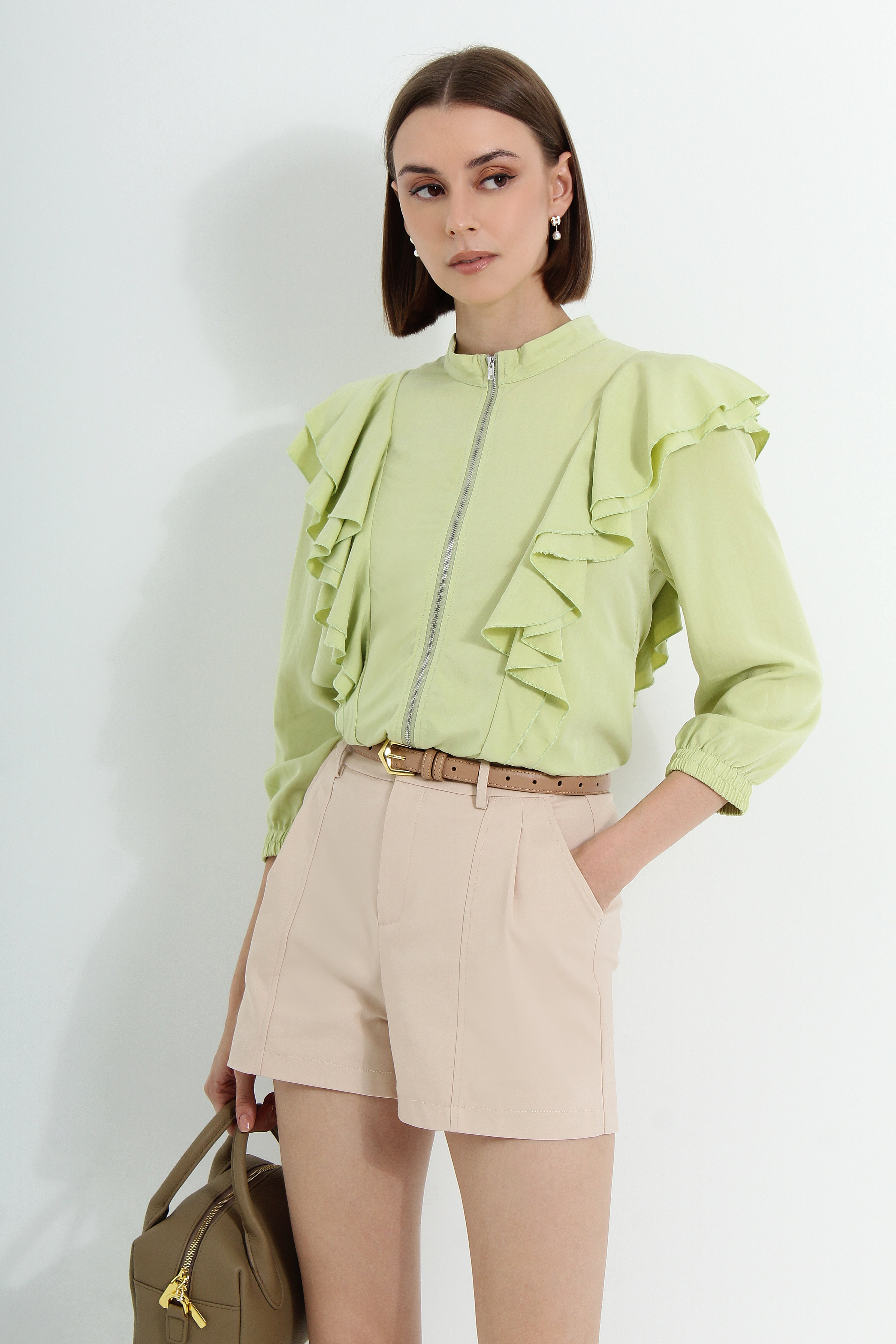 Ruffled Zipper Sleeve Top