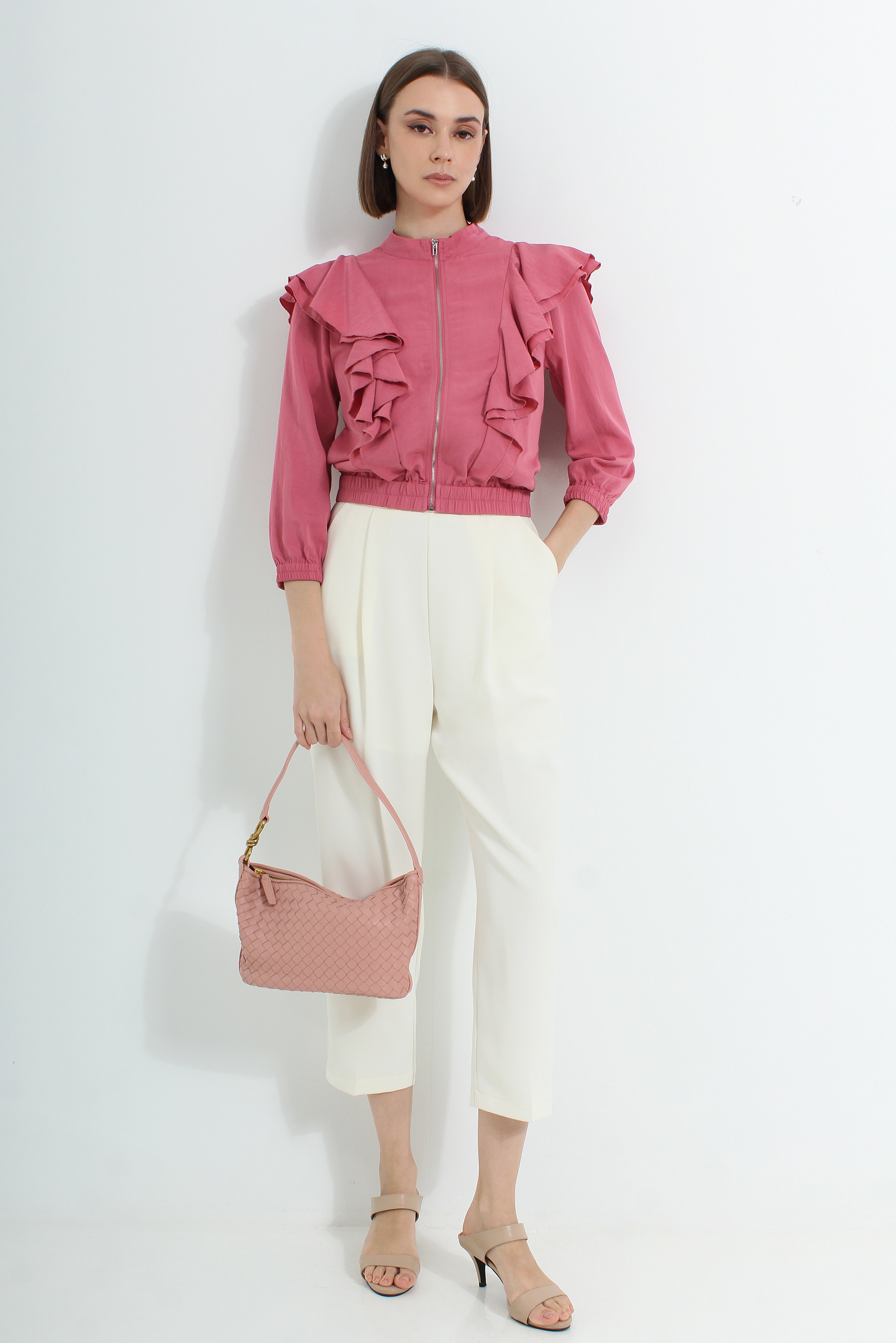 Ruffled Zipper Sleeve Top