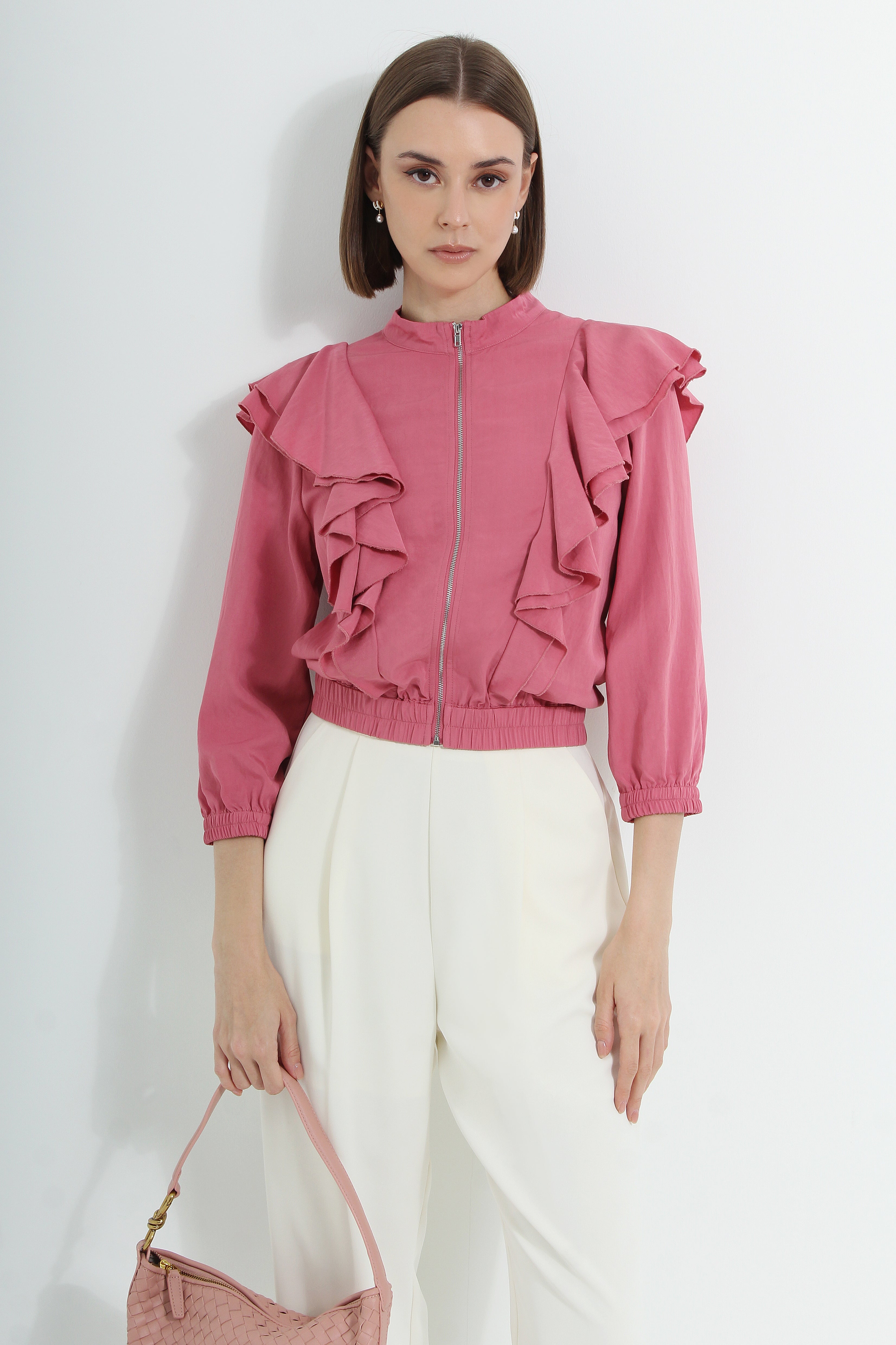 Ruffled Zipper Sleeve Top