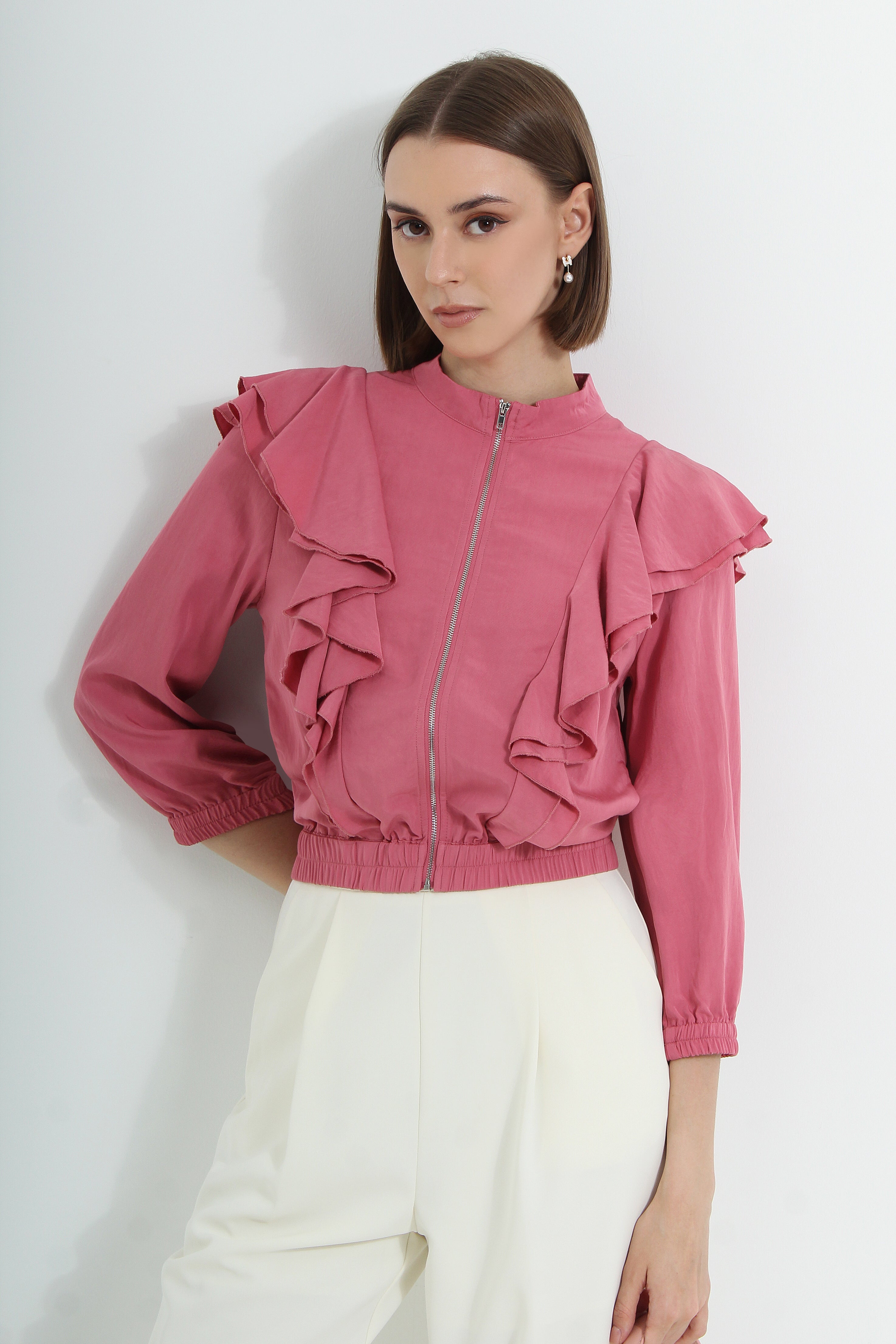 Ruffled Zipper Sleeve Top