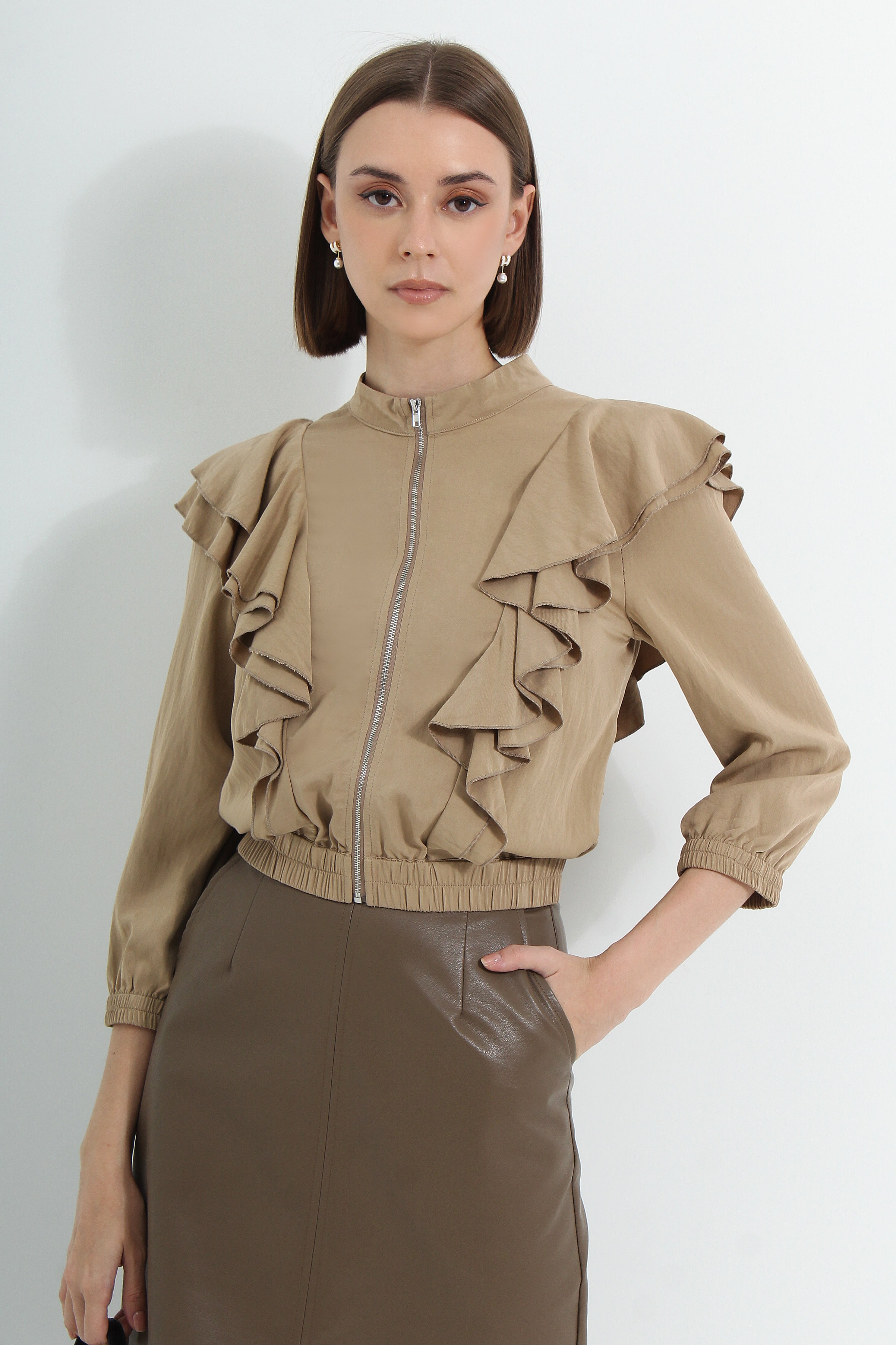 Ruffled Zipper Sleeve Top