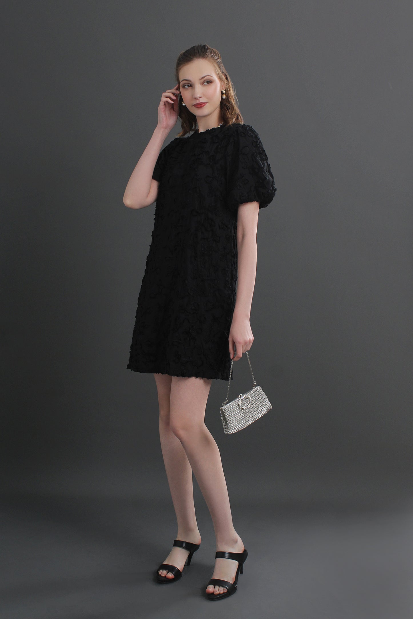 Roselle Puff Sleeve 3D Textured Floral Mini Dress