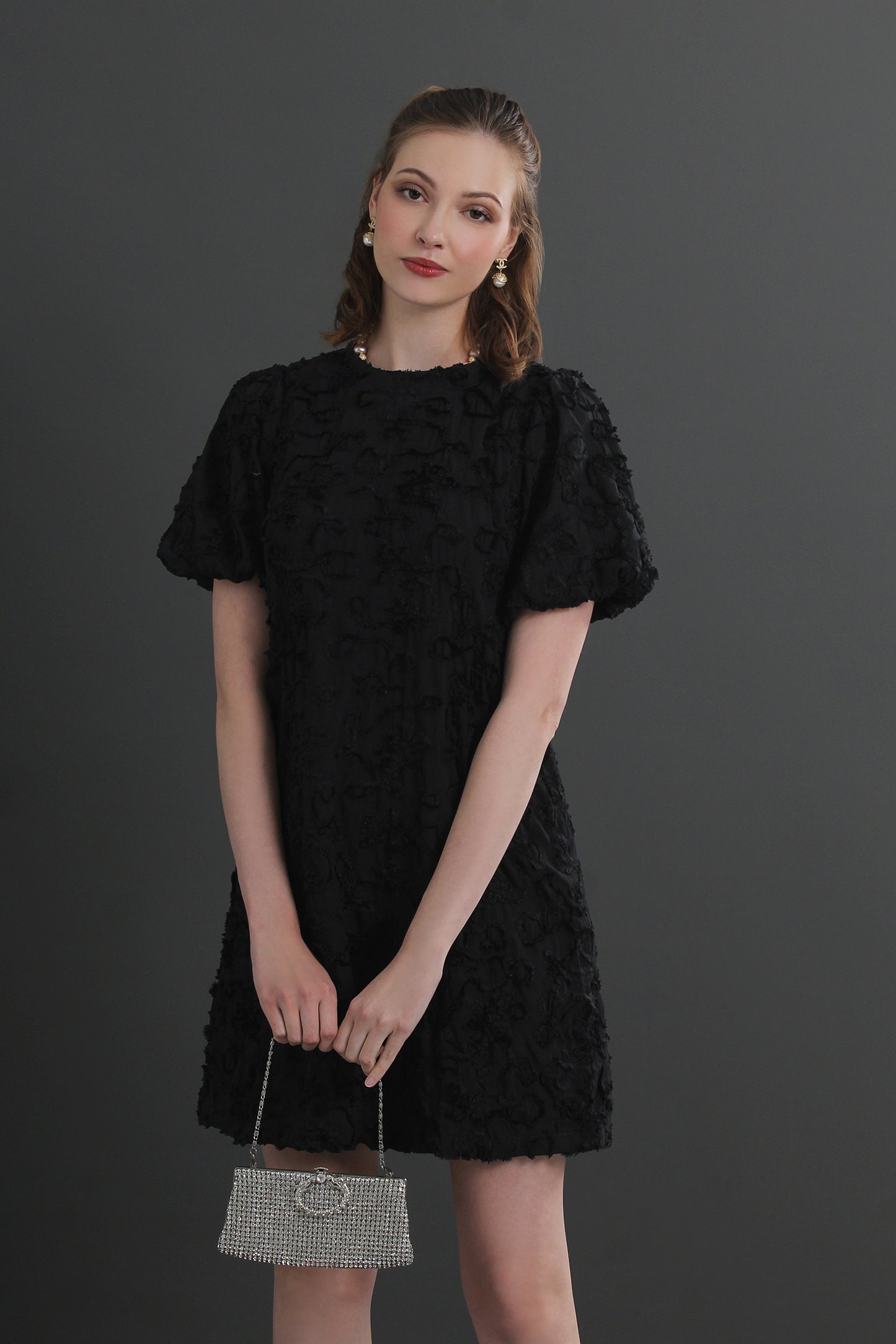 Roselle Puff Sleeve 3D Textured Floral Mini Dress