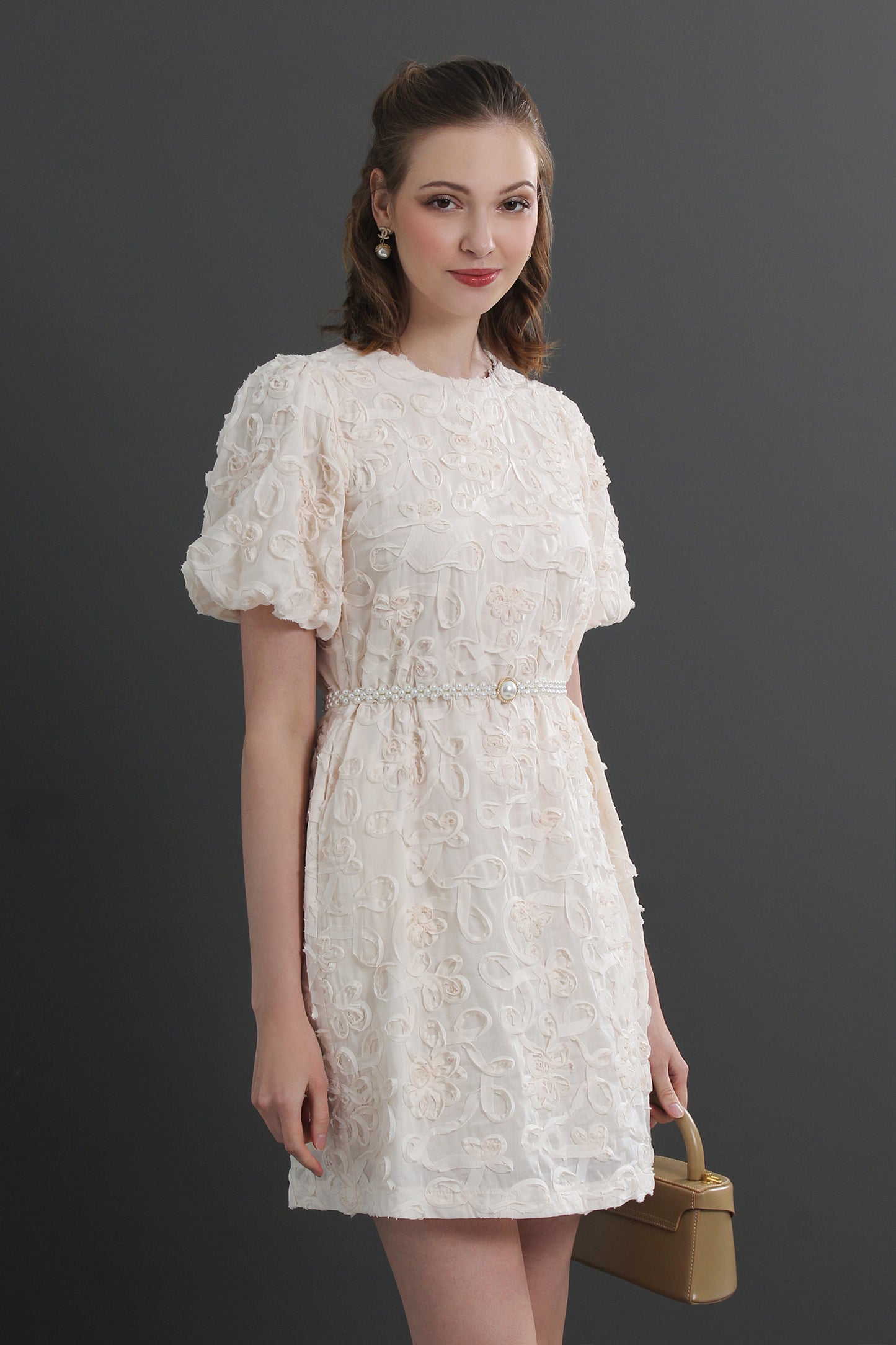 Roselle Puff Sleeve 3D Textured Floral Mini Dress