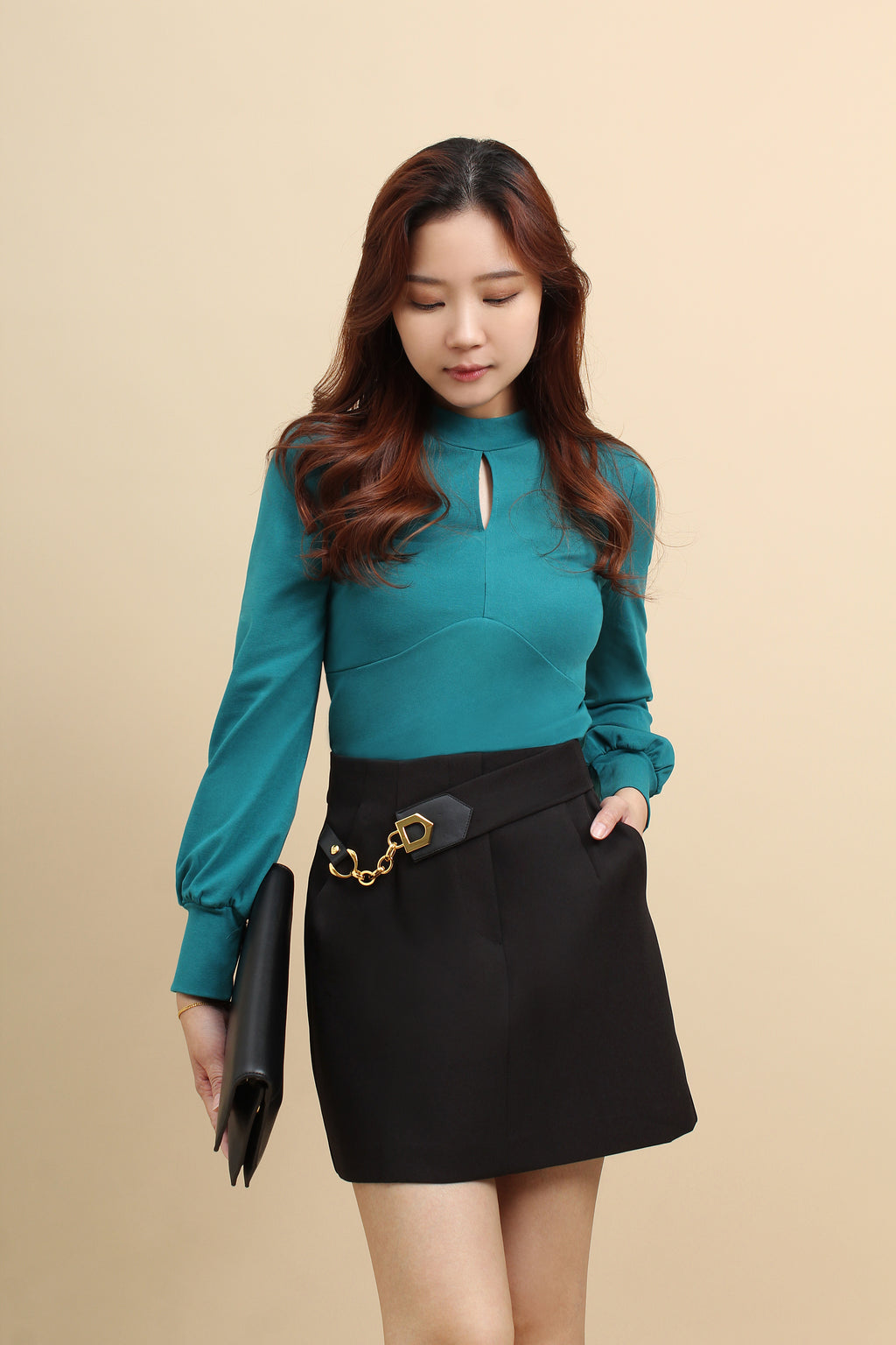 Gold Accent Chain Belt A-line Skirt