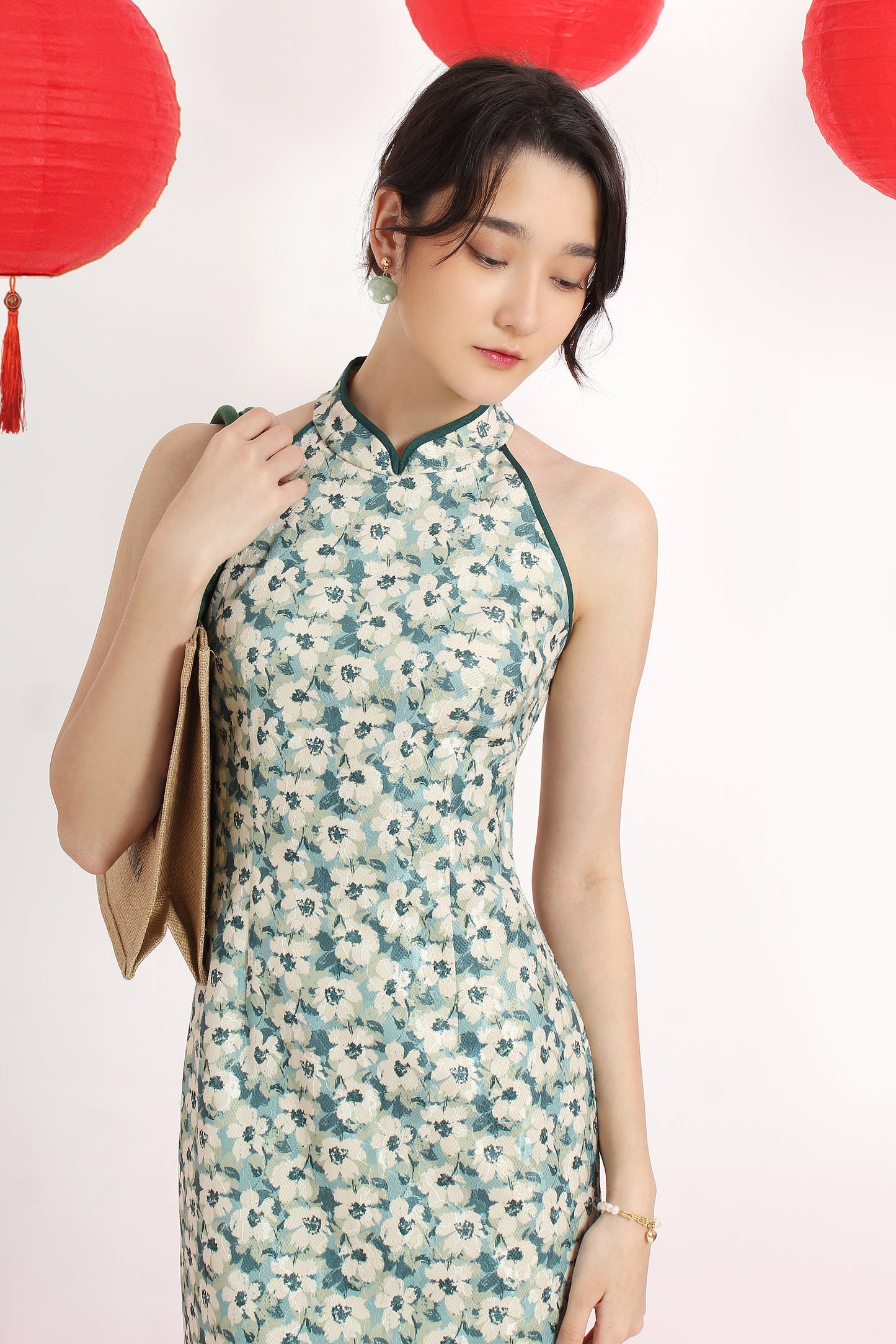 Halter Neck Floral Cheongsam Dress
