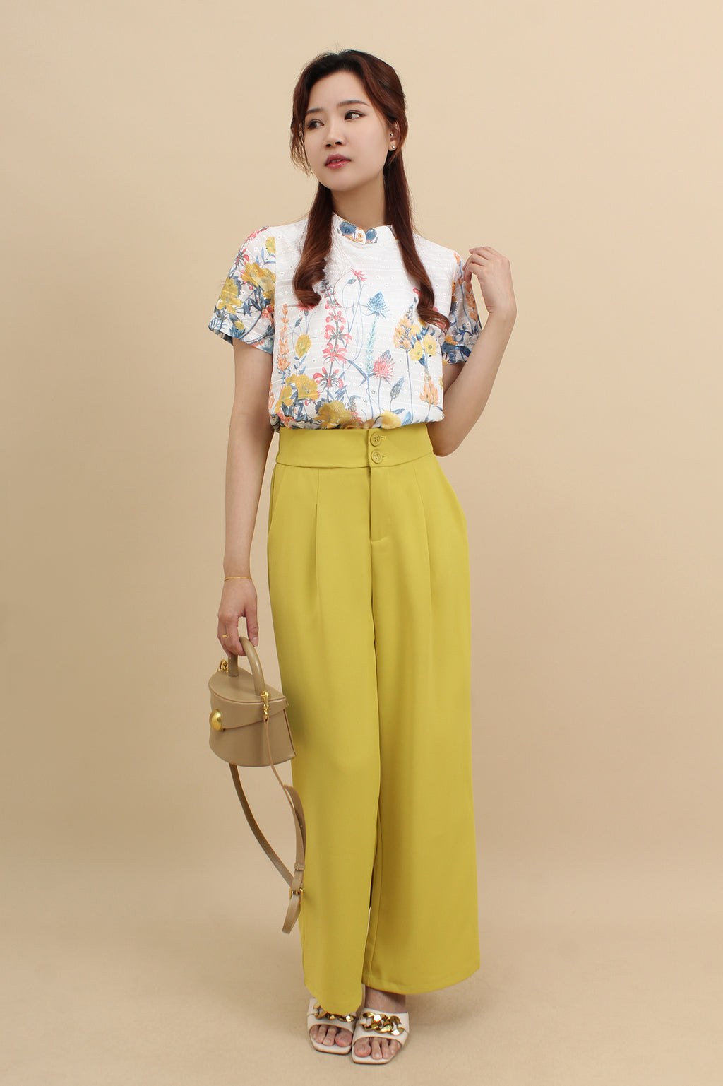 Floral Eyelet Mandarin Collar Top