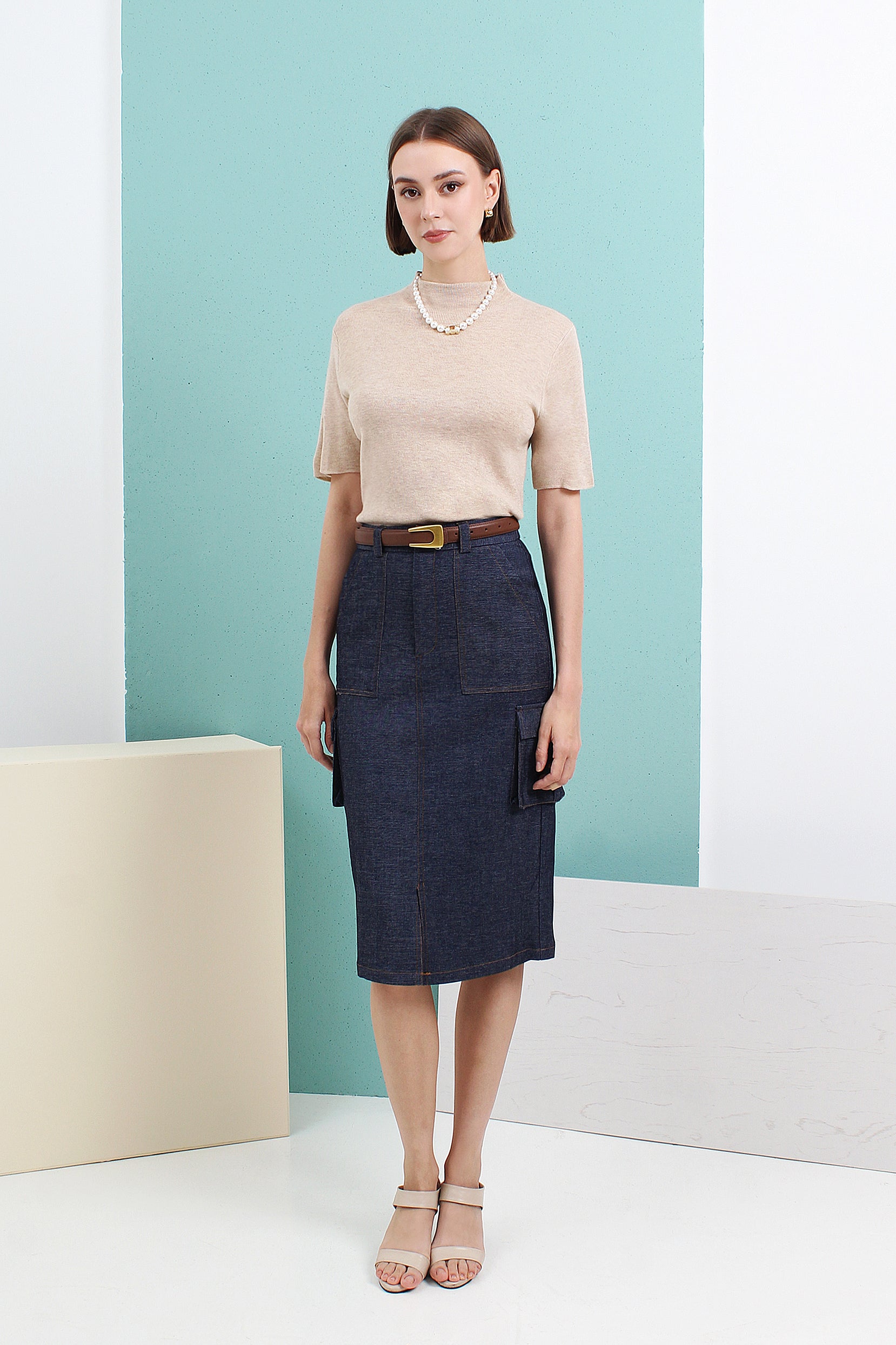 Denim Pocket Midi Skirt