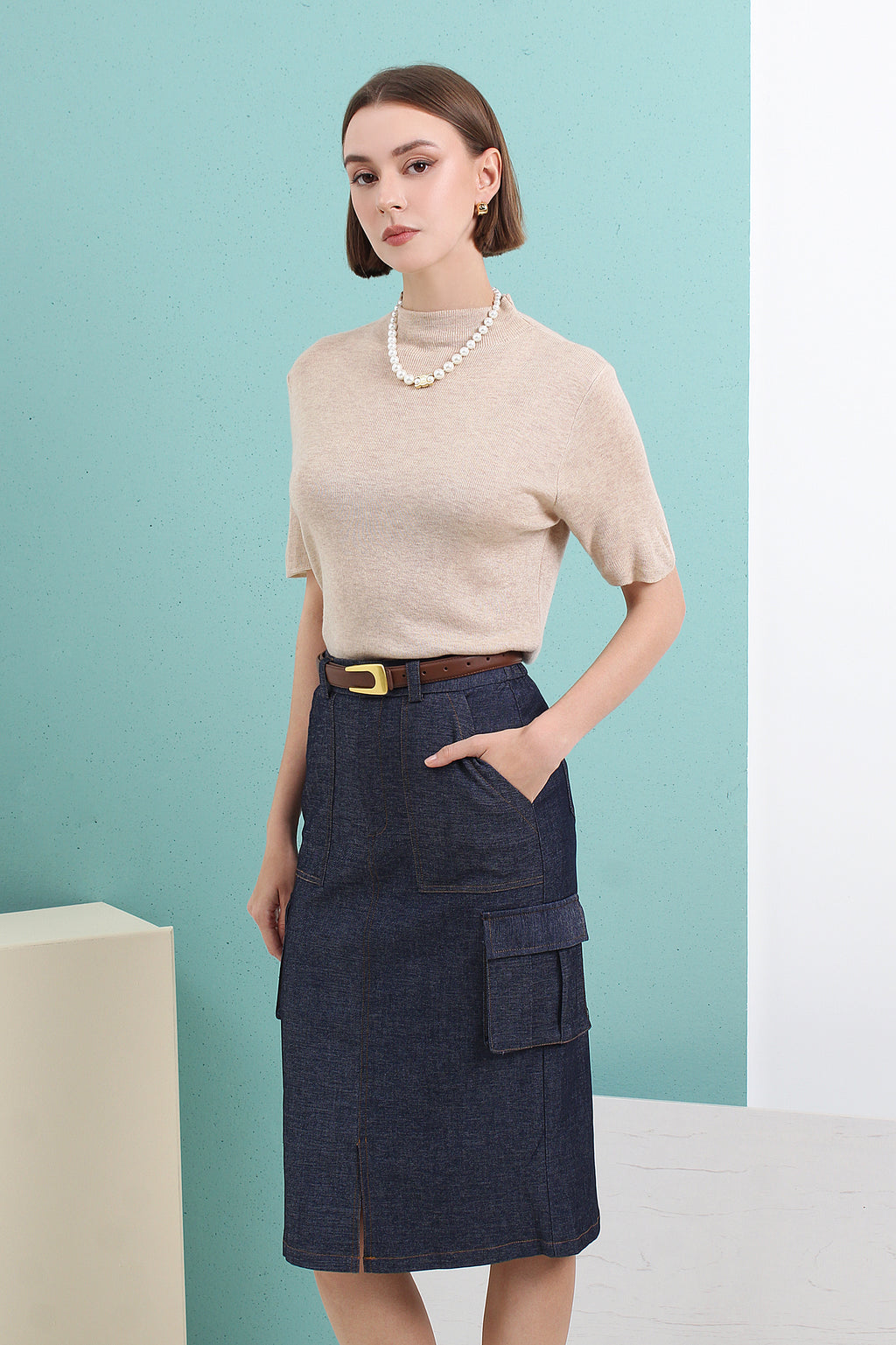 Denim Pocket Midi Skirt
