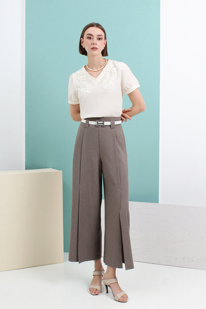 Front-Slit Wide Leg Pleated Pants