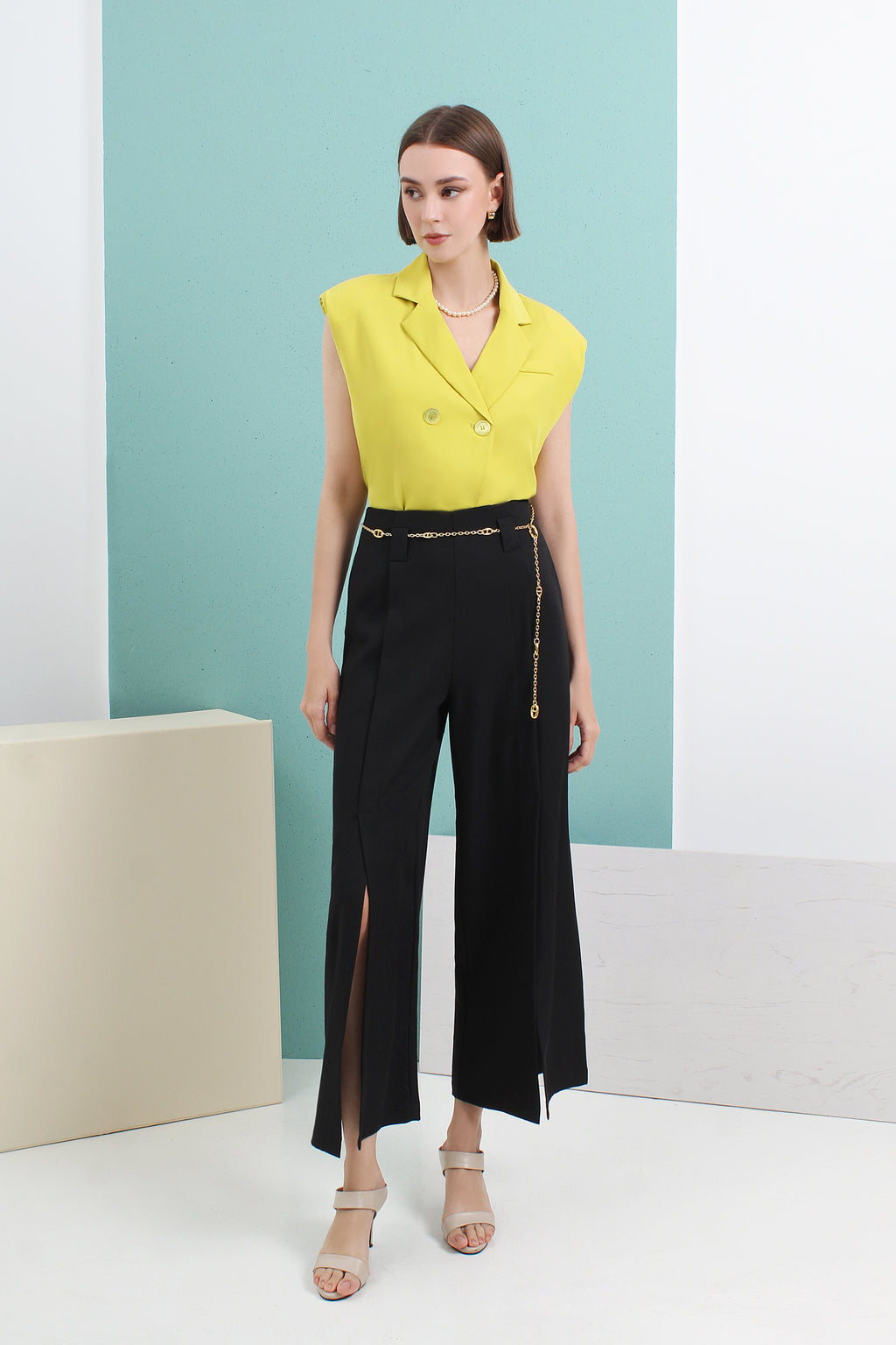 Front-Slit Wide Leg Pleated Pants