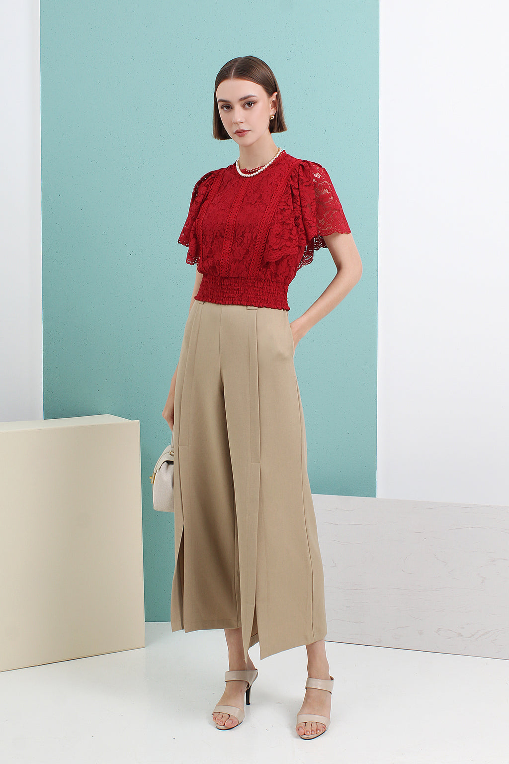 Front-Slit Wide Leg Pleated Pants