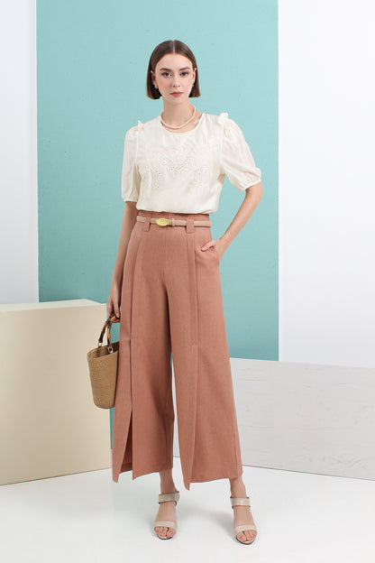 Front-Slit Wide Leg Pleated Pants