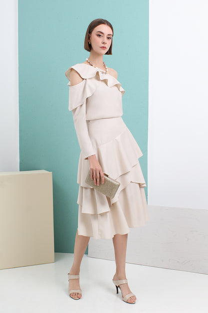 Layered High Waist Flare Midi Skirt