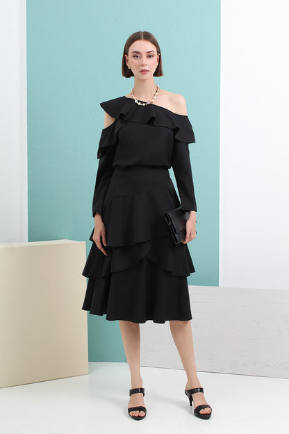 Layered High Waist Flare Midi Skirt