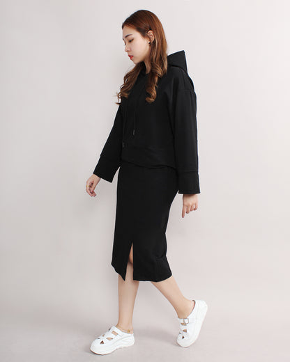 Casual Loose Hooded Sweater & Front Slit Pencil Skirt Set