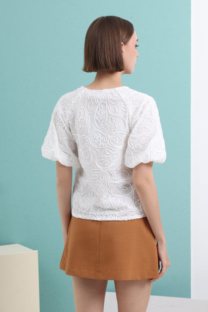 Caia Half Sleeve V-neck Hollow Out Stylish Shirts Vintage Elegant Blouse