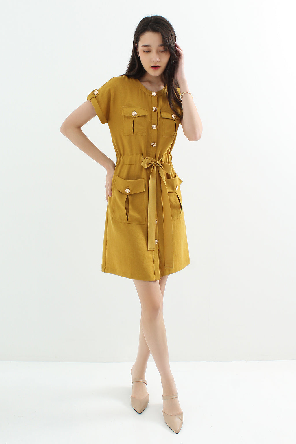 Belted Button Down Shift Dress