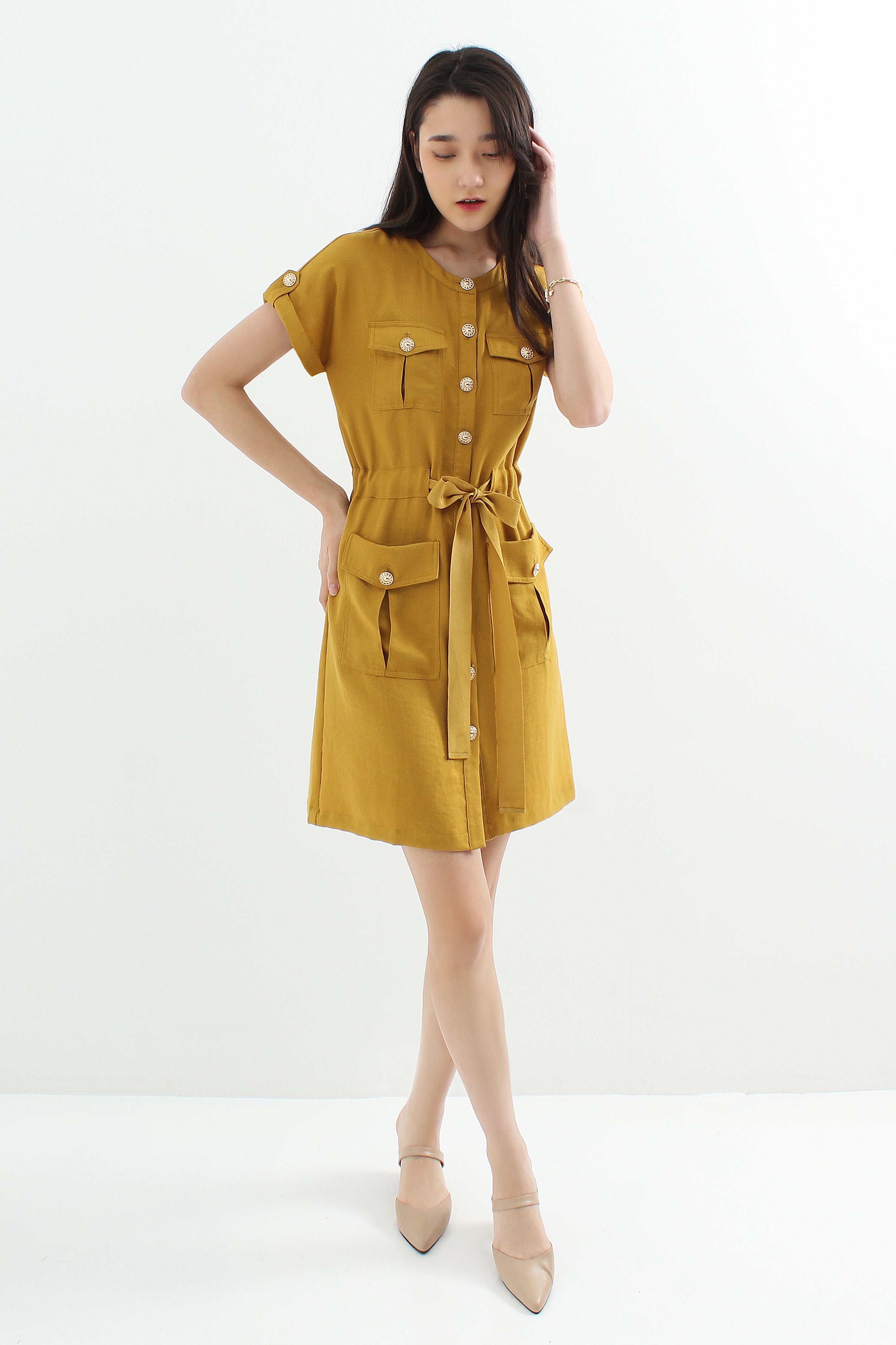 Belted Button Down Shift Dress