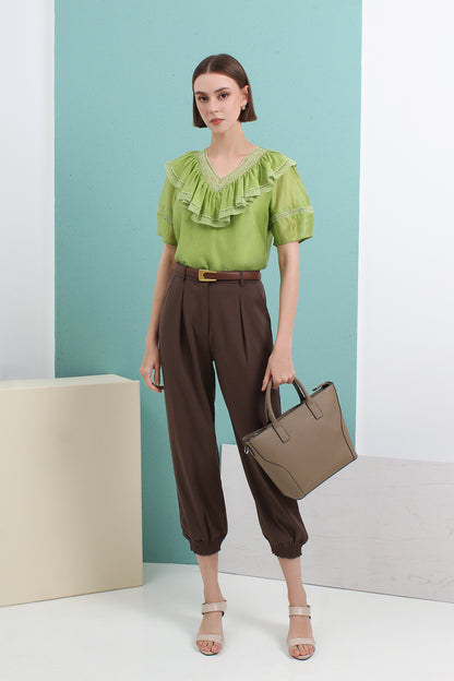 Ainsley High-grade V-neck Ruffled Short-sleeved Chiffon Blouse