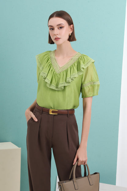 Ainsley High-grade V-neck Ruffled Short-sleeved Chiffon Blouse