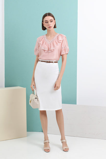 Ainsley High-grade V-neck Ruffled Short-sleeved Chiffon Blouse