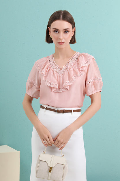 Ainsley High-grade V-neck Ruffled Short-sleeved Chiffon Blouse