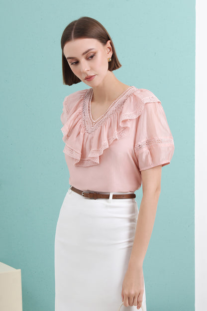 Ainsley High-grade V-neck Ruffled Short-sleeved Chiffon Blouse