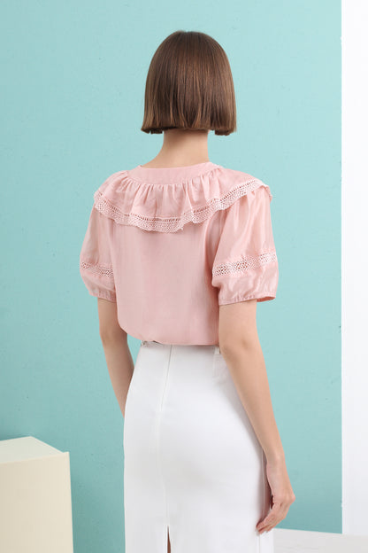Ainsley High-grade V-neck Ruffled Short-sleeved Chiffon Blouse