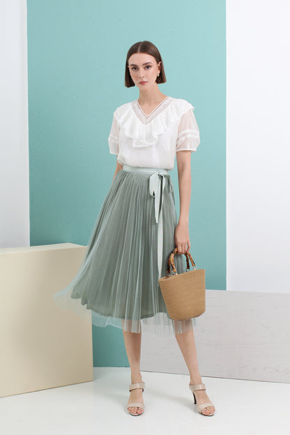 Ainsley High-grade V-neck Ruffled Short-sleeved Chiffon Blouse