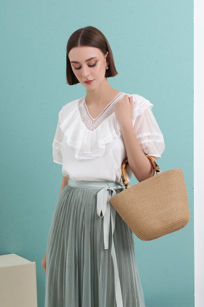 Ainsley High-grade V-neck Ruffled Short-sleeved Chiffon Blouse