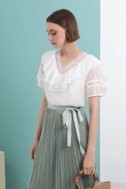 Ainsley High-grade V-neck Ruffled Short-sleeved Chiffon Blouse