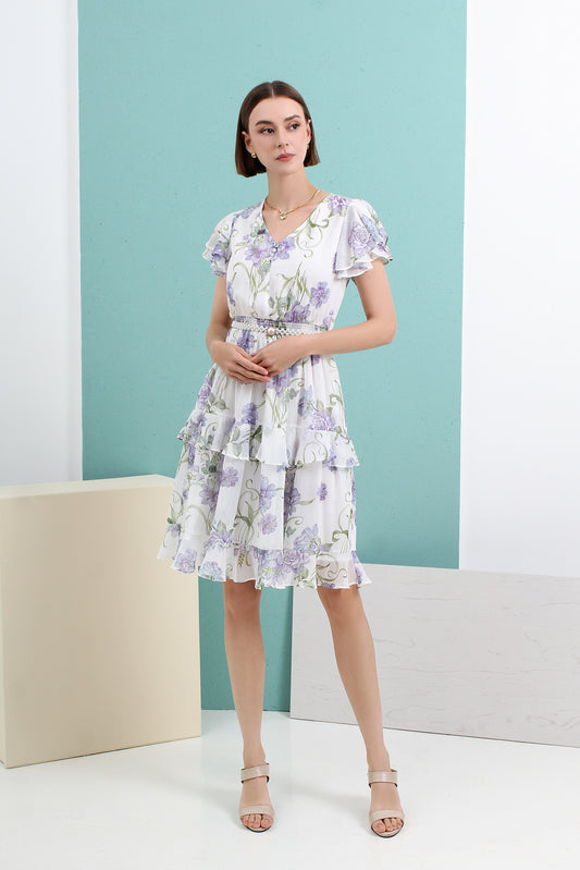 Daphne Floral Chiffon Frill Dress