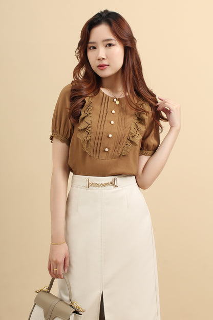 Myna Pleated Ruffle Cotton Top