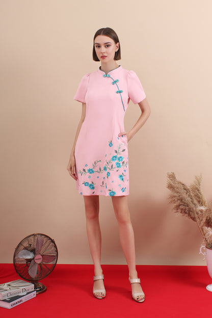 Spring Pastel Floral Panel Embroidered Qipao Dress