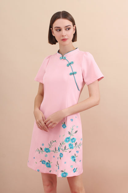 Spring Pastel Floral Panel Embroidered Qipao Dress