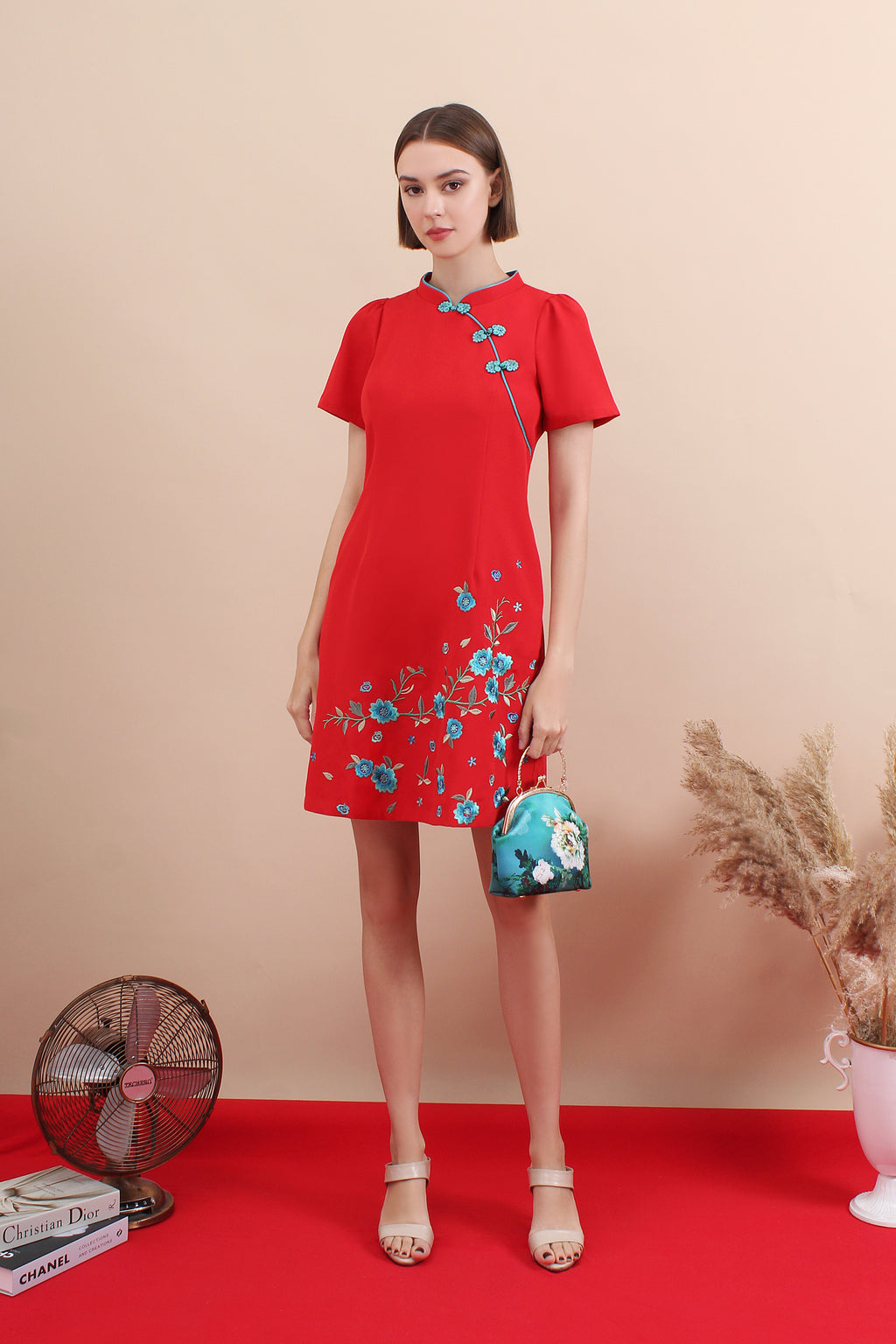 Spring Pastel Floral Panel Embroidered Qipao Dress