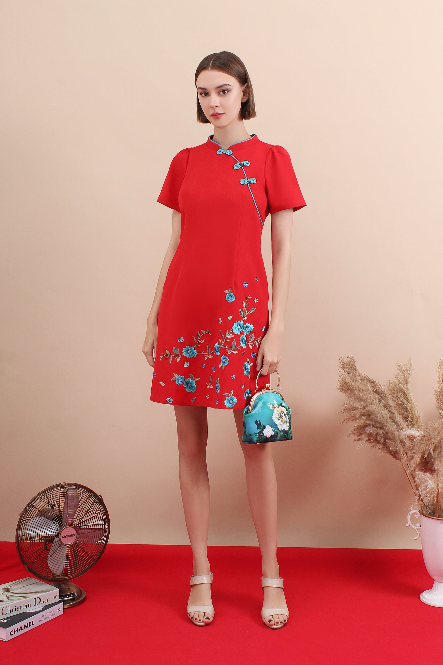 Spring Pastel Floral Panel Embroidered Qipao Dress
