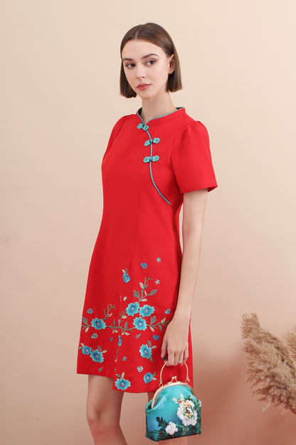 Spring Pastel Floral Panel Embroidered Qipao Dress