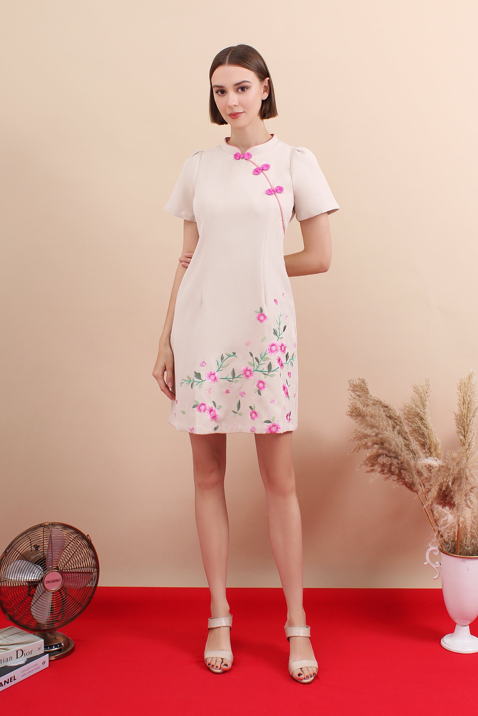 Spring Pastel Floral Panel Embroidered Qipao Dress