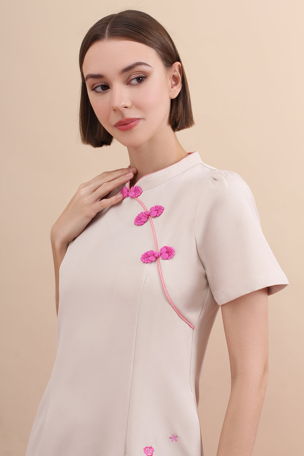 Spring Pastel Floral Panel Embroidered Qipao Dress