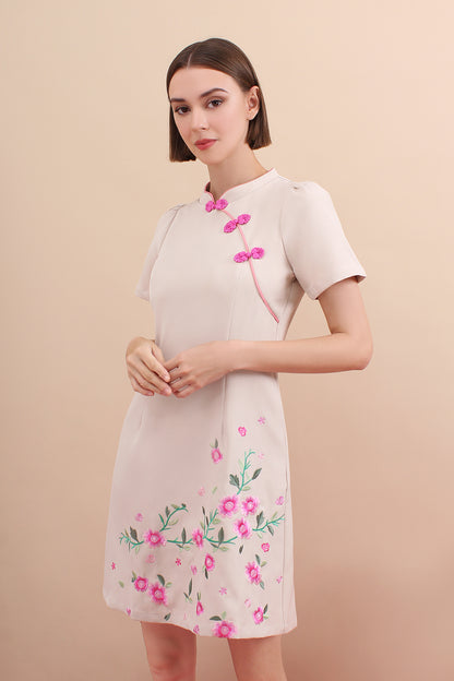 Spring Pastel Floral Panel Embroidered Qipao Dress