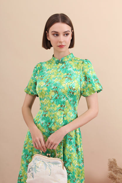 Jade Bloom Modern Qipao Midi Dress