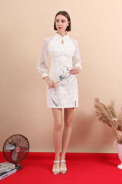 Eternal Bloom Chiffon Sleeve Jacquard Mandarin Dress