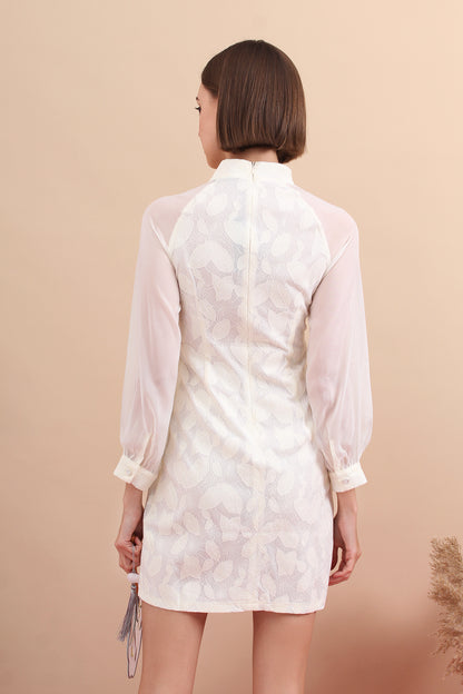 Eternal Bloom Chiffon Sleeve Jacquard Mandarin Dress