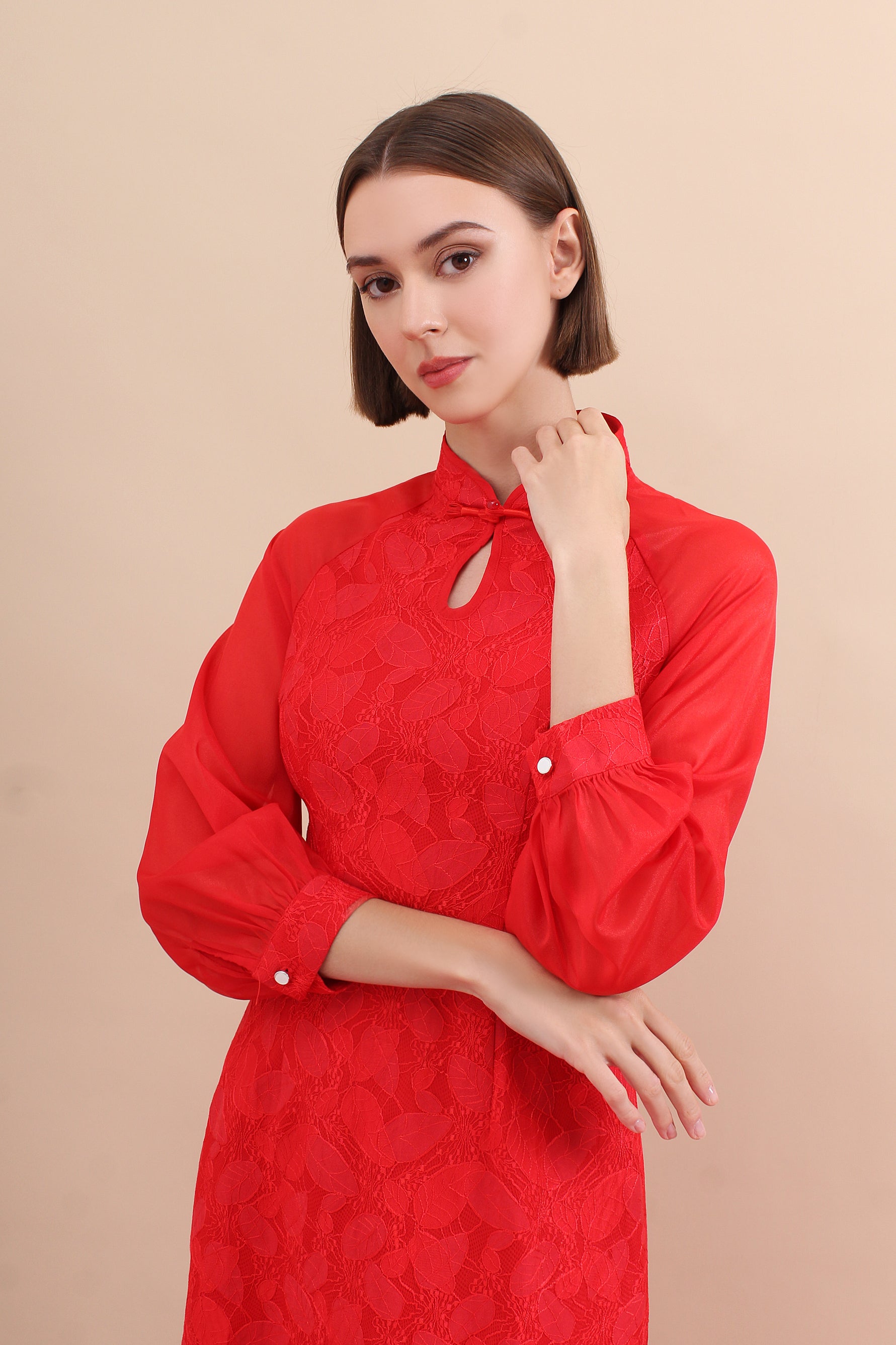 Eternal Bloom Chiffon Sleeve Jacquard Mandarin Dress
