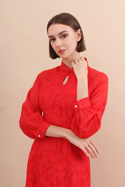 Eternal Bloom Chiffon Sleeve Jacquard Mandarin Dress