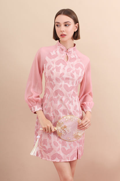 Eternal Bloom Chiffon Sleeve Jacquard Mandarin Dress